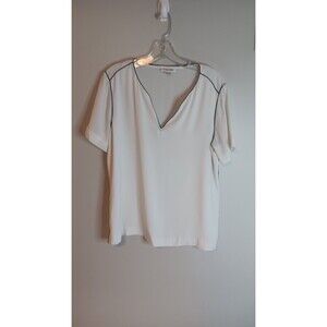 Calvin Klein White Blouse Top Sz Large Black Piping
